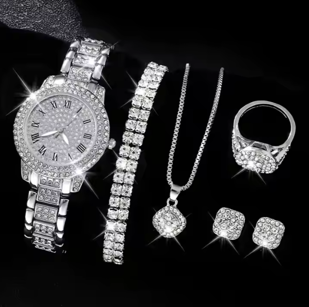 Glamour Luxe Set: Reloj+ collar+ anillo+ pendiente+ brazalete